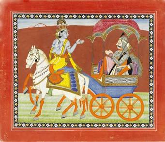 Lord Krishna and Prince Arjuna on the battlefield, AI generated