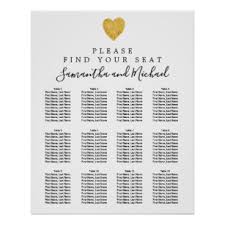 Gold Foil Heart 12 Table Wedding Seating Chart
