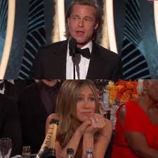 Brad pitt and jennifer aniston each took home their very own screen actors guild statuette at this year's 26th sag awards, but the internet got something much more precious on sunday night (no offense to the guild and all it does.). Golden Globes 2020 Jennifer Aniston Cheers On Brad Pitt As He Accepts His Award Masala Com