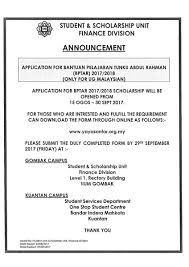 Biasiswa ini terbuka kepada semua, dan ditumpukan khususnya kepada pelajar berpotensi tinggi yang amat memerlukan bantuan kewangan untuk menampung yuran pengajian. Src Iium Gombak On Twitter Application For Bantuan Pelajaran Tunku Abdul Rahman Bptar 2017 2018 Is Open Until 30 9 17 Download The Form At Https T Co Hu3l4a8iun Https T Co Qjv0wgc5w5