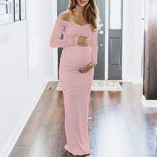 Maternity Solid Pink Off Shoulder Long Sleeve Dress Lukalula Com Long Sleeve Maternity Dress Maternity Dresses For Baby Shower Baby Shower Dresses