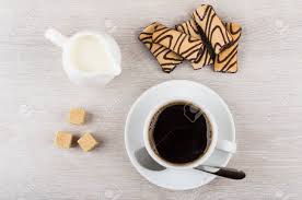 Cookies Au Chocolat Tasse De Cafe Lait Sucre Sur Une Table En Bois Vue De Dessus Banque D Images Et Photos Libres De Droits Image 91173603