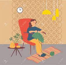 Maybe you would like to learn more about one of these? Character Sitting At Home Knitting Lady In Armchair Mastering New Clothes From Threads Interior With Clock And Lamps Pastime Leisure Of Person Vector Illustration In Flat Cartoon Style Royalty Free Cliparts Vectors