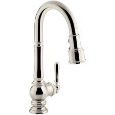 Polished nickel finish faucets and fixtures are some of the coolest looking products on the market today. Kohler Artifacts Single Handle Pull Down Sprayer Kitchen Faucet In Vibrant Polished Nickel K 99261 Sn The Home Depot