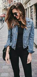 Black And Blue Denim Jacket All Black Everything Mixing It With Denim Blue Denim Jacket Outfit Fashion Jacket Outfits