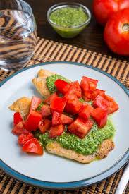 Parmesan Crusted Pesto Tilapia Bruschetta Recipe Pesto Tilapia Recipes Seafood Dishes