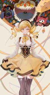 mitsukiib, charlotte (madoka magica), pyotr (madoka magica), tomoe mami, tomoe  mami (magical girl), mahou shoujo madoka magica, mahou shoujo madoka magica  (anime), highres, 1girl, beret, blonde hair, cheese, corset, detached  sleeves, drill