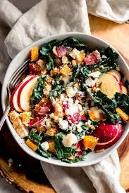 Fall Harvest Salad With Maple Tahini Dressing Blue Bowl Recipe Harvest Salad Delicious Salads Salad Recipes