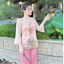 voan, bộ cổ tròn in hoa sen ...