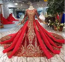 Cg66luxury Burgundy Gold Embroidery Arabic Wedding Dress Red Bridal Dress Long Sleeve Ball Gowns Wedding Dress Fabrics
