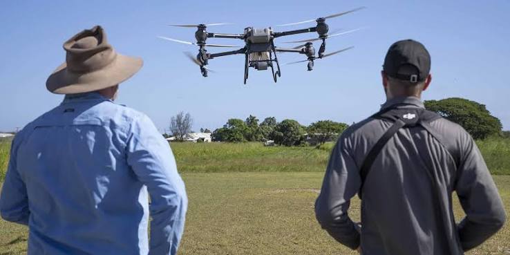 Operator standing in a field with an agricultural spraying drone