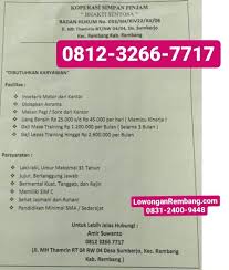 Enam pabrik yang berasal dari china, jepang, hingga indonesia tersebut, yakni wook global technology, pt ikimura indotool center, pt ruiyuan karawang industrial. Lowongan Kerja Karyawan Koperasi Simpan Pinjam Bhakti Sentosa Sumberjo Rembang Lowongan Rembang