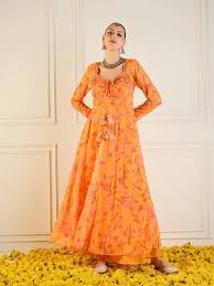 Women Mustard Tropical Printed Front Dori Long Anarkali at ₹ 1618.00