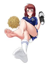 oirin, teieri anri, blue lock, absurdres, highres, 1girl, ahoge, barefoot,  black panties, black shirt, blue shirt, blue skirt, blush, cheerleader,  closed mouth, embarrassed, feet, hands up, long hair, looking at viewer, no