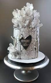 White Tree Bark Cake With Wafer Paper Hearts Birch Tree Cakes Tree Cakes Flower Cake