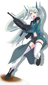 gabriella talinska, kakuchou shoujo-kei trinary, absurdres, highres, 1girl,  breasts, gun, legs, looking at viewer, navel, small breasts, solo, thighs,  twintails, weapon, white hair, yellow eyes - Image View - | Gelbooru - Free  Anime and Hentai Gallery