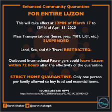 Check spelling or type a new query. Earth Shaker Ph On Twitter Some Important Points On Enhanced Community Quarantine For Entire Luzon What We Know So Far This Will Take Effect At 12mn Of March 17 To 12mn Of