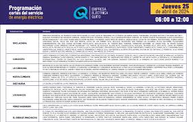 Quito: cortes de luz para este jueves 25 de abril