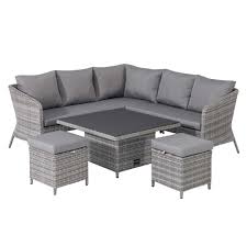 Our garden sofa sets are made of aluminium frames that are powder coated, so they are weatherproof and incredibly durable. Levisham Corner Garden Sofa Dining Set In Grey Weave And Grey Fabric Garden Corner Sets Garden Furniture