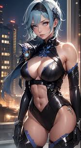 A sexy anime girl in a black outfit posing on a rooftop - SeaArt AI