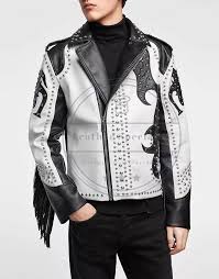 Black White Zara S Special Edition Biker Studded Fringed Men S Leather Jacket Fashion Clothing Shoes Studded Jacket Leather Jacket Studded Leather Jacket