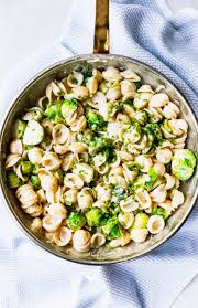 Creamy Goat Cheese Brussels Sprouts Pasta Recipe Brussel Sprout Pasta Spring Pasta Recipes Creamy Brussel Sprouts