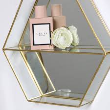 75'' w x 1'' deep. Gold Hexagon Mirror Display Shelf