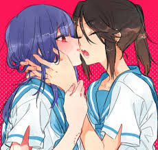 torigara cha, kasaki nozomi, yoroizuka mizore, hibike! euphonium, liz to  aoi tori, 2girls, bite mark, blunt bangs, blush, closed eyes, collarbone,  face-to-face, hand on anothers face, long hair, multiple girls, open  mouth,