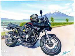 富士山とgsx750s katana ウォーターフォード水彩紙 a4サイズ 透明水彩 バイクアート オートバイアート ウォーターフォード