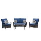Delaronde 4 Piece Dark Brown Wicker Patio Chat Set with Navy Cushions Hampton Bay Backyard Price Dropper