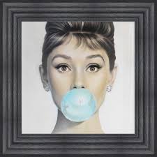 Audrey hepburn teal bubble gum printable poster black and | etsy. Home Garden Home Decor Crystals Mirror Frame Pictures Audrey Hepburn With Blue Pink Bubble Gum