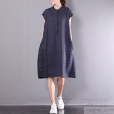 Navy Casual Linen Dresses Plus Size Button Sundress Short Sleeve Maxi Dress Model Pakaian Pakaian Wanita Kasual