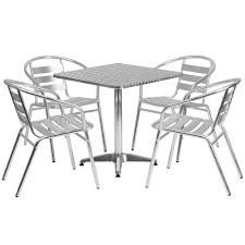 Flash Furniture Tlh Alum 28sq 017bchr4 Gg 27 1 2 Square Aluminum Indoor Outdoor Table With 4 Slat Back Stacking Chairs Outdoor Tables Outdoor Table Settings Aluminum Table
