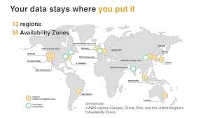 Every region consists of multiple, separate availability zones within a geographic area. Your Data Stays Where You Put It 13 Regions 35 Availability Zones Announced 4 Aws Regions Canada China Ohio And The U Region Infrastructure Best Practice