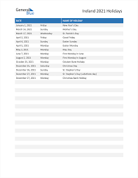 Ireland Holidays 2021 In Pdf Word And Excel