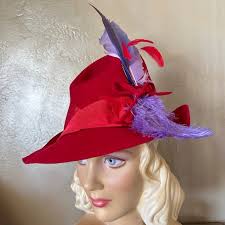 OSTENTATIOUS 1940's RED FELT FEDORA + WIDE GROSGRAIN BAND + TALL PURPLE  FEATHERS