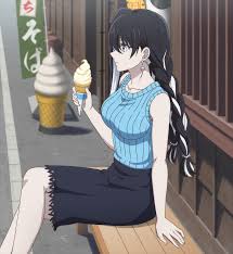 yuki-onna (kyokou suiri), kyokou suiri, anime screenshot, highres,  stitched, third-party edit, bench, black hair, breasts, crossed legs,  earrings, food, ice cream, jewelry, long hair, medium breasts, multicolored  hair, sitting, skirt, sweater, two-tone