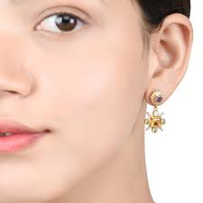 Pendientes de plata de ley con citrino dorado, amatista, peridoto y perla  en oro vermeil