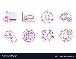 globe gears and idea icons set graph chart