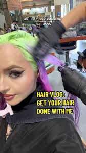 hair vlog: get your hair done with me by @elissa wolfe 💜💚 what should we  offically name this color? 👀 #hair #hairvlog #greenhair #pinkhair  #purplehair #hairdye #hairsalon #colorfulhair #bleachedhair