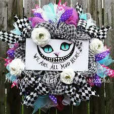 We Are All Mad Here Wreath Wonderland Wreath Cheshire Cat Cheshire Cat Wreath Wreath Mandy S Disney Wreath Halloween Party Decor Diy Cat Party Decorations