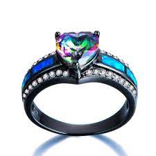 Bohemian Style Blue Fire Opal Black Ring Black Gold Ring Black Rings Opal Heart Ring