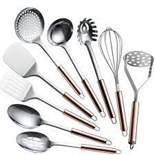 Stainless steel kitchen utensil set of 25 cooking utensils. 9pcs Cooking Utensils Set Stainless Steel Kitchen Utensil Set Spatula Spoon Colander Kitchen Tools With Titanium Plated Handle Aliexpress