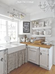 Distressed White Cabinets And Floating Shelves Shabbychic Shabby Chic Kitchen Decor Chic Kitchen Decor Small Cottage Kitchen