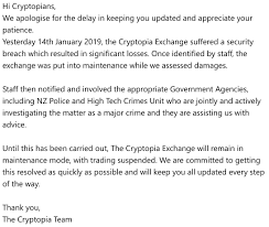 Cryptocurrency Exchange Cryoptia Suffered A Security Breach And Incurred Significant Losses Withdrawals Prior To Bre Cryptocurrency Investigations Exchange
