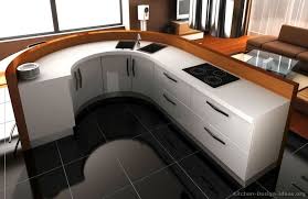 A Contemporary White Kitchen With Curved Cabinets Curved Kitchen White Modern Kitchen Modern White Kitchen Cabinets