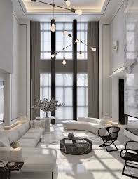 This living room boasts a statement marble fireplace and linear furniture. Luxurious Living Room High Ceiling Living Room Luxury Living Room Large Living Room