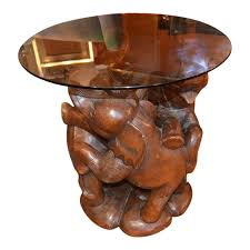 Carved Elephant Trio Base With Round Glass Top Side Table In 2020 Glass Top Side Table Side Table Elephant Table