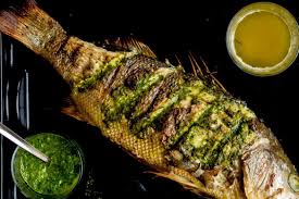 Baked Fish Recipe For Whole Black Sea Bass With Beet Greens Salsa Recipe Fish Recipes Fish Recipes Baked Whole Fish Recipes