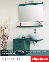 Mdf Uzeri Kaplama Yesil Renkli Ahsap Tabla Uzeri Canak Seramik Lavabo Ayna Etajer Raf Aplik Corner 90 Banyo Etajer Lavabolar
